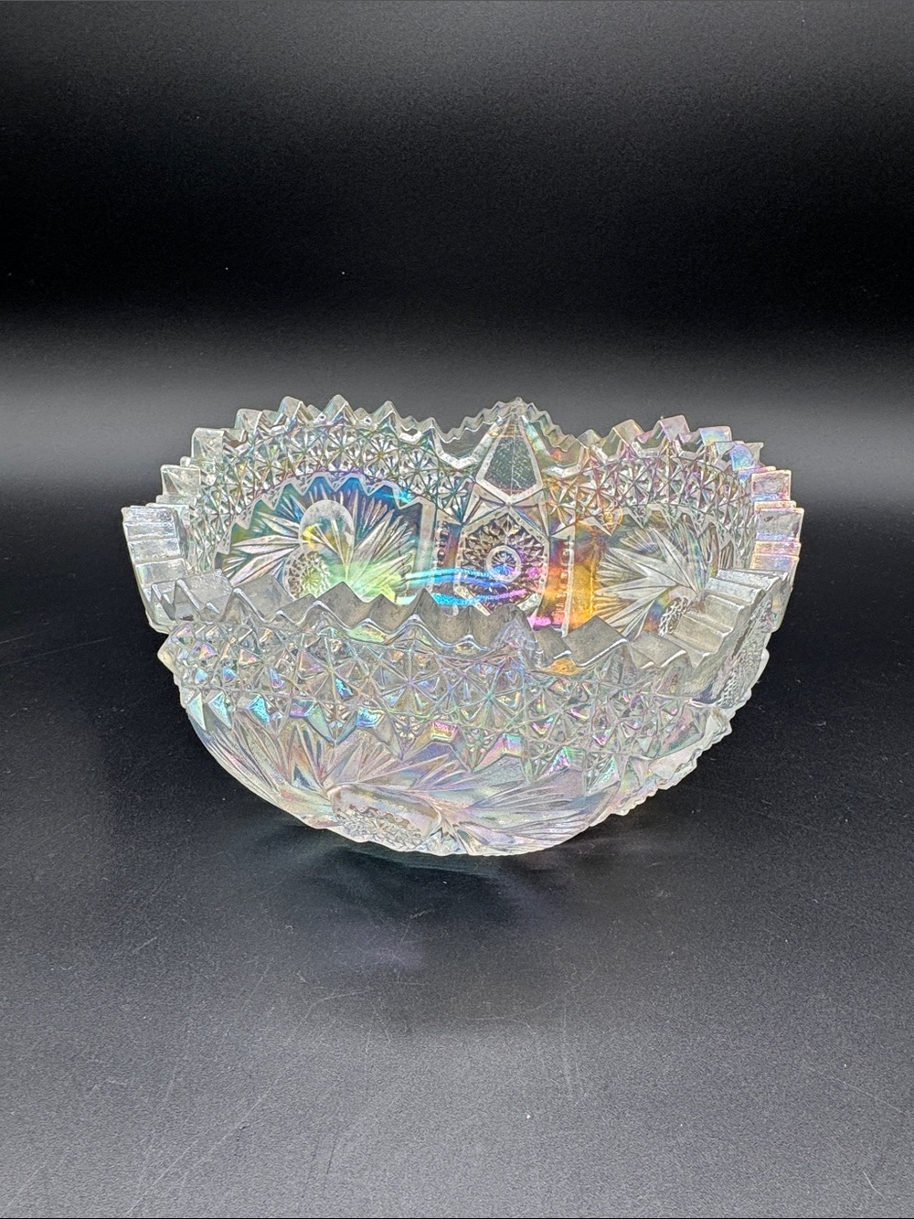 L.E. Smith Comet in the Stars Iridescent Cut Glass Round Bowl 7.5 in. Vintage
